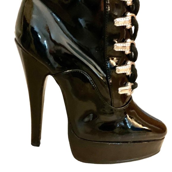 Delicious Knee High Stiletto Patent Leather Black Lace Up Platform Boots 6 Troy - Picture 3 of 10